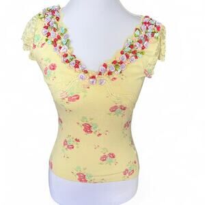 Kookai Floral Rosette cottagecore Lace Trim Top Yellow Y2K Coquette Fairycore, 2